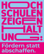 Grafik mit hellblauem Hintergrund und pinker Schrift: „Hochschulen zeigen Haltung – Fördern statt abschaffen“