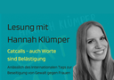 Banner für "Lesung mit Hannah Klümper" aus dem Buch "Catcalls - auch Worte sind Belästigung". Anlässlich des internationale Tags zur Beseitigung von Gewalt gegen Frauen. Rechts ist ein Foto von Hannah Klümper