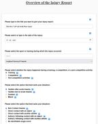 A screenshot of an injury report in the "Sport Injuries Reporting System" of the "Longboarding Injury Surveillance Study"
