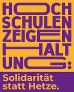 Grafik mit orangem Hintergrund und violetter Schrift: „Hochschulen zeigen Haltung – Solidarität statt Hetze“