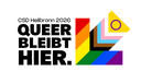 Große Schrift mit den Worten 'CSD Heilbronn 2026 QUEER BLEIBT HIER.' neben einem stilisierten Regenbogenmotiv mit verschiedenen Farben und einem Kreis.