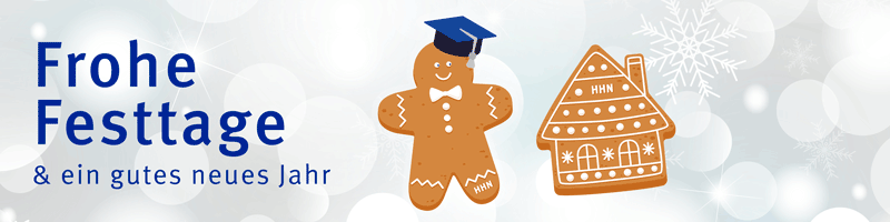 Ein Banner mit 2 sich bewegenden Lebkuchenmännhen und dem Text "Frohe Festtage und ein gutes neues Jahr"