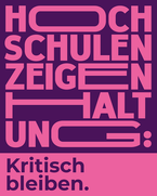 Grafik mit violettem Hintergrund und pinker Schrift: „Hochschulen zeigen Haltung – Kritisch bleiben"