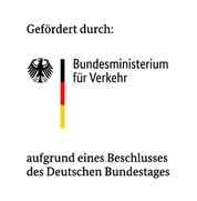 Logo mit Textzusatz: "Gefördert durch das Bundesministerium für Verkehr aufgrund eines Beschlusses des Bundestages"