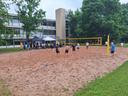 Studierende und Mitarbeitende spielen beim Sommerfest der HHN Volleyball.