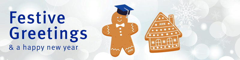 A signature banner with two wiggling gingerbread men an the Text "Festive Greetings and a Happy new year"