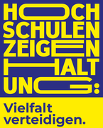 Grafik mit blauem Hintergrund und gelber Schrift: „Hochschulen zeigen Haltung – Vielfalt verteidigen“