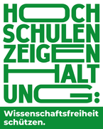 Grafik mit pinkem Hintergrund und roter Schrift: „Hochschulen zeigen Haltung – Wissenschaftsfreiheit schützen“