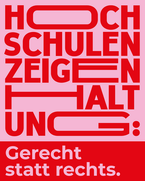 Grafik mit pinkem Hintergrund und roter Schrift: „Hochschulen zeigen Haltung – Gerecht statt rechts“