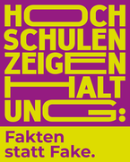 Grafik mit gelbem Hintergrund und violett-gelber Schrift: „Hochschulen zeigen Haltung – Fakten statt Fake“