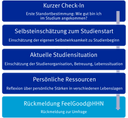 Die Grafik zeigt den Aufbau des FeelGood-Fragebogens mit vier Reflexionsbereichen: Kurzer Check-In, Selbstwirksamkeit, Studiensituation und persönliche Ressourcen. Nach Abschluss kann optional Feedback zum Tool gegeben werden. 